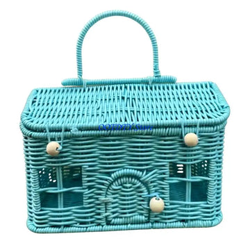 panier tressé rose bleu turquoise rangement maisonnette fenêtres porte réutilisable articles divers déco original