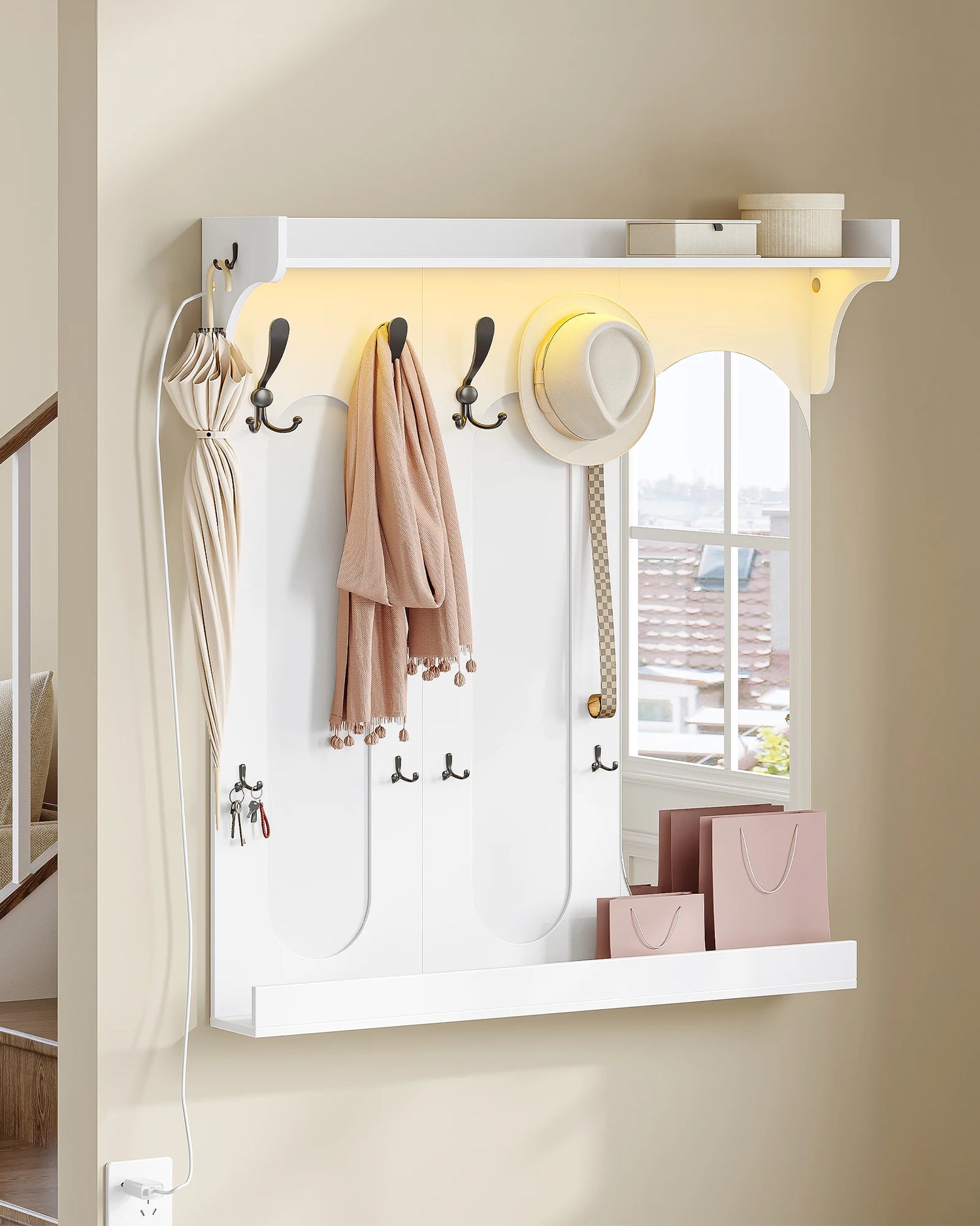Porte-manteau mural blanc avec miroir et lumières LED multicolores