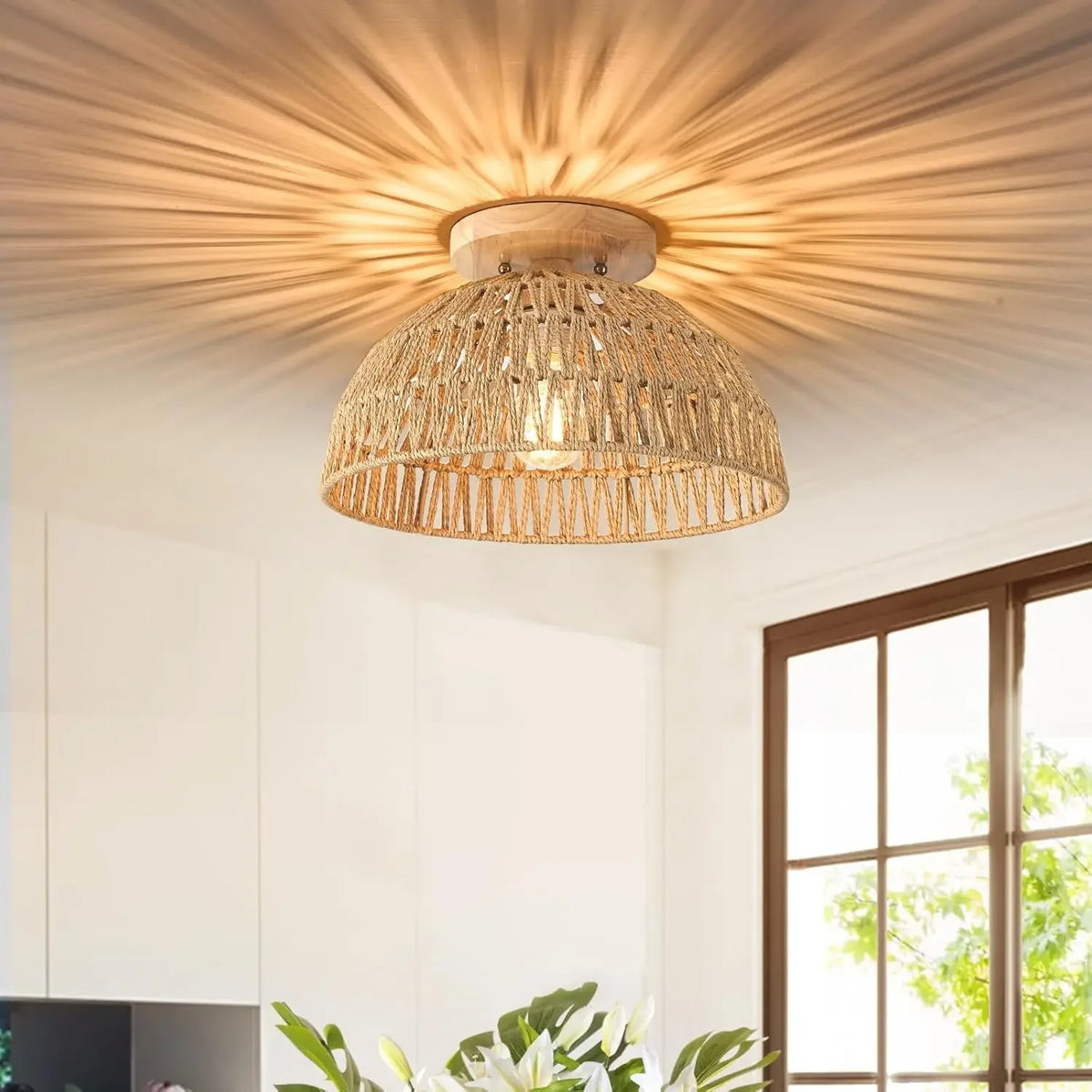 lampe moderne rustique rotin tressé naturel noir fixée sans ampoule
