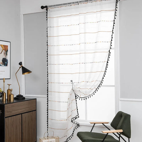 rideau rayures horizontales franges noires blanc beige moderne bohème deux panneaux polyester