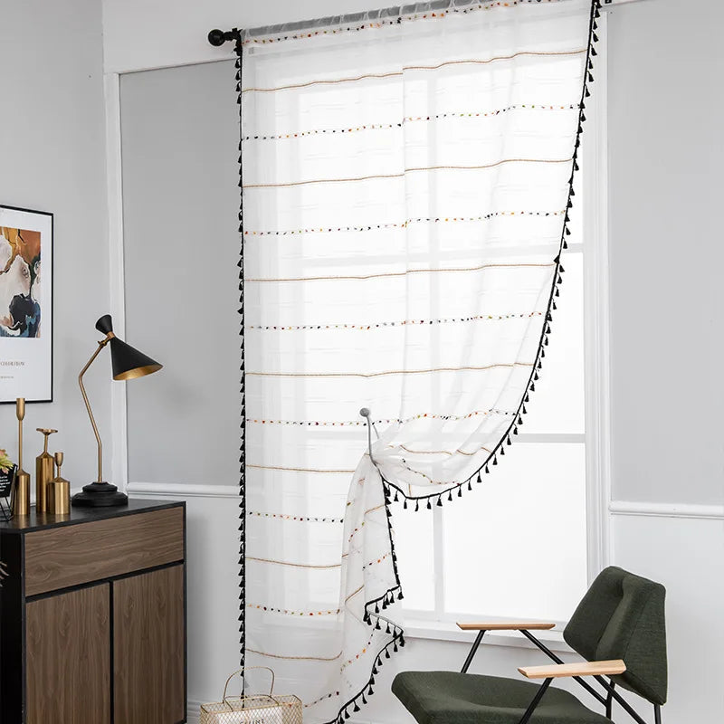 rideau rayures horizontales franges noires blanc beige moderne bohème deux panneaux polyester