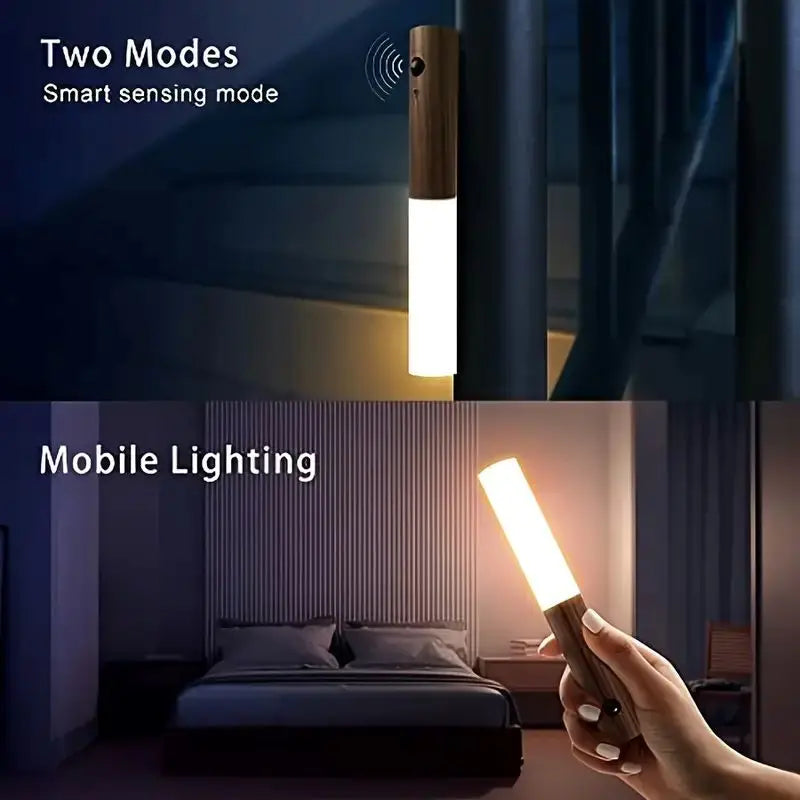 lampe poche rechargeable adhésive moderne bois marron foncé blanc texture naturelle interrupteur port charge