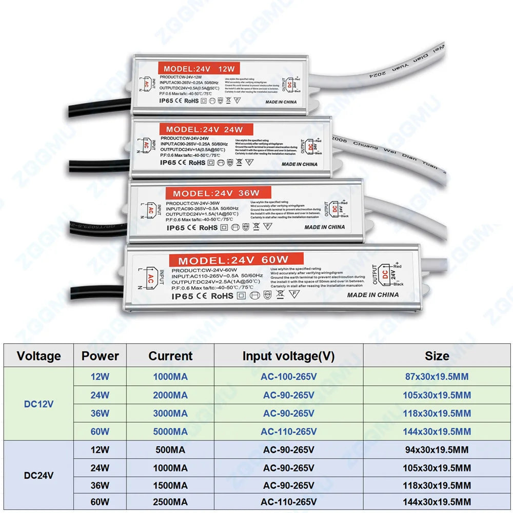 transformateur alimentation led 12v 24v 12w 24w 36w 60w étanche ip68 aluminium