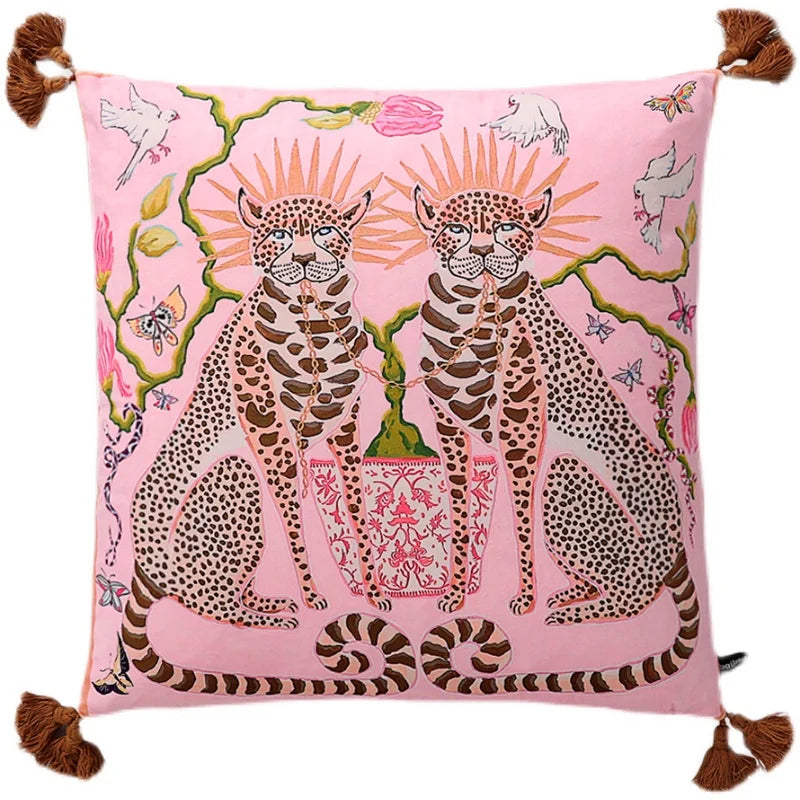 coussin carré moderne léopard oiseaux rose adhésif tassel salon décoration maison 45cm 50cm 60cm