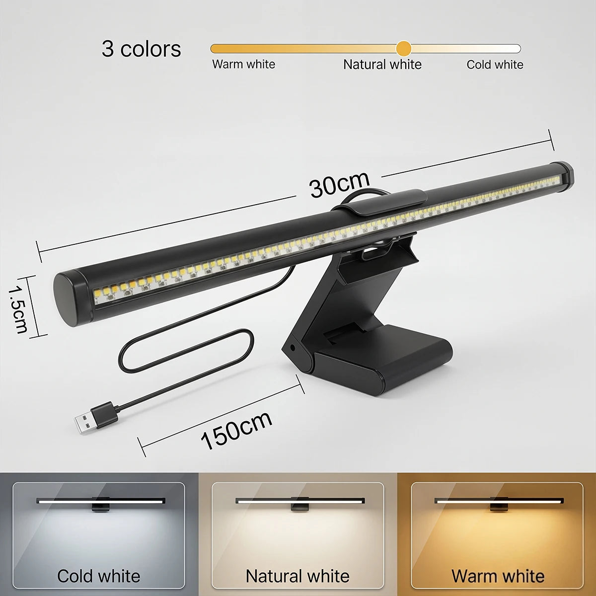 lampe led barre 30cm noir clips usb chargeur type moderne éclairage travail étude