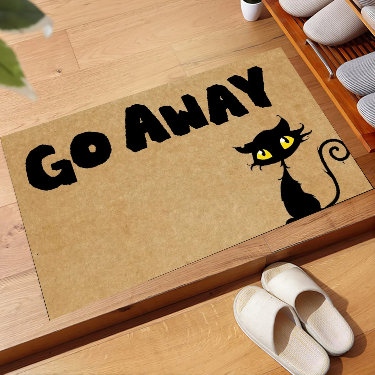 tapis d'entrée marron clair go away chat noir anti dérapant extérieur intérieur lettres géométrique