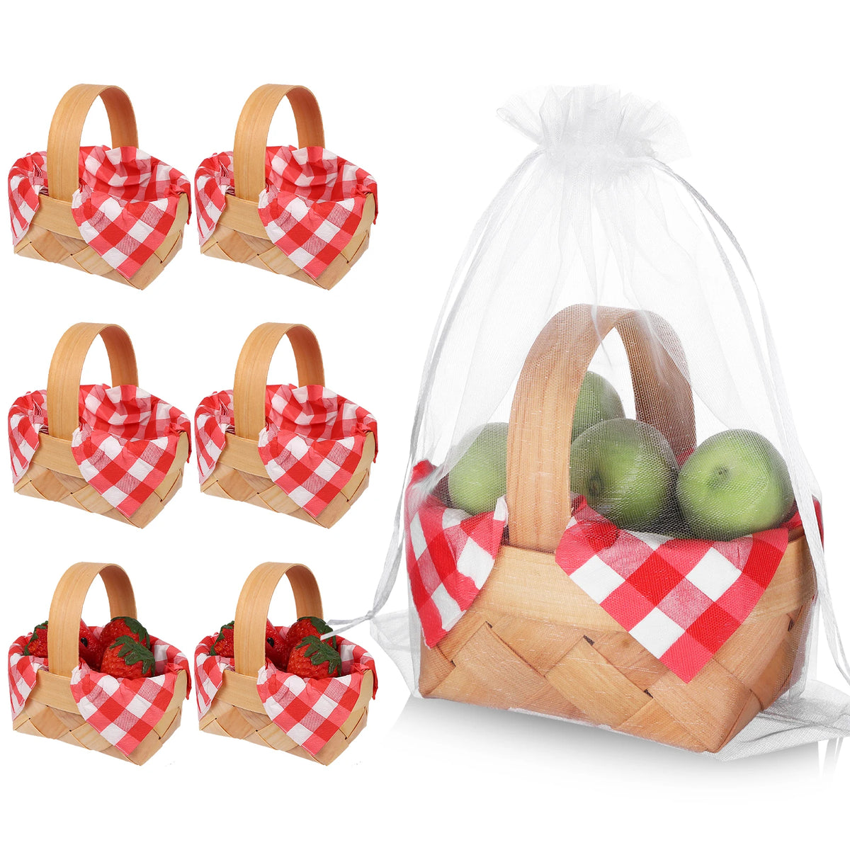 paniers fruits bois rouge blanc serviettes carreaux poignées sacs transparents traditionnels festifs naturels