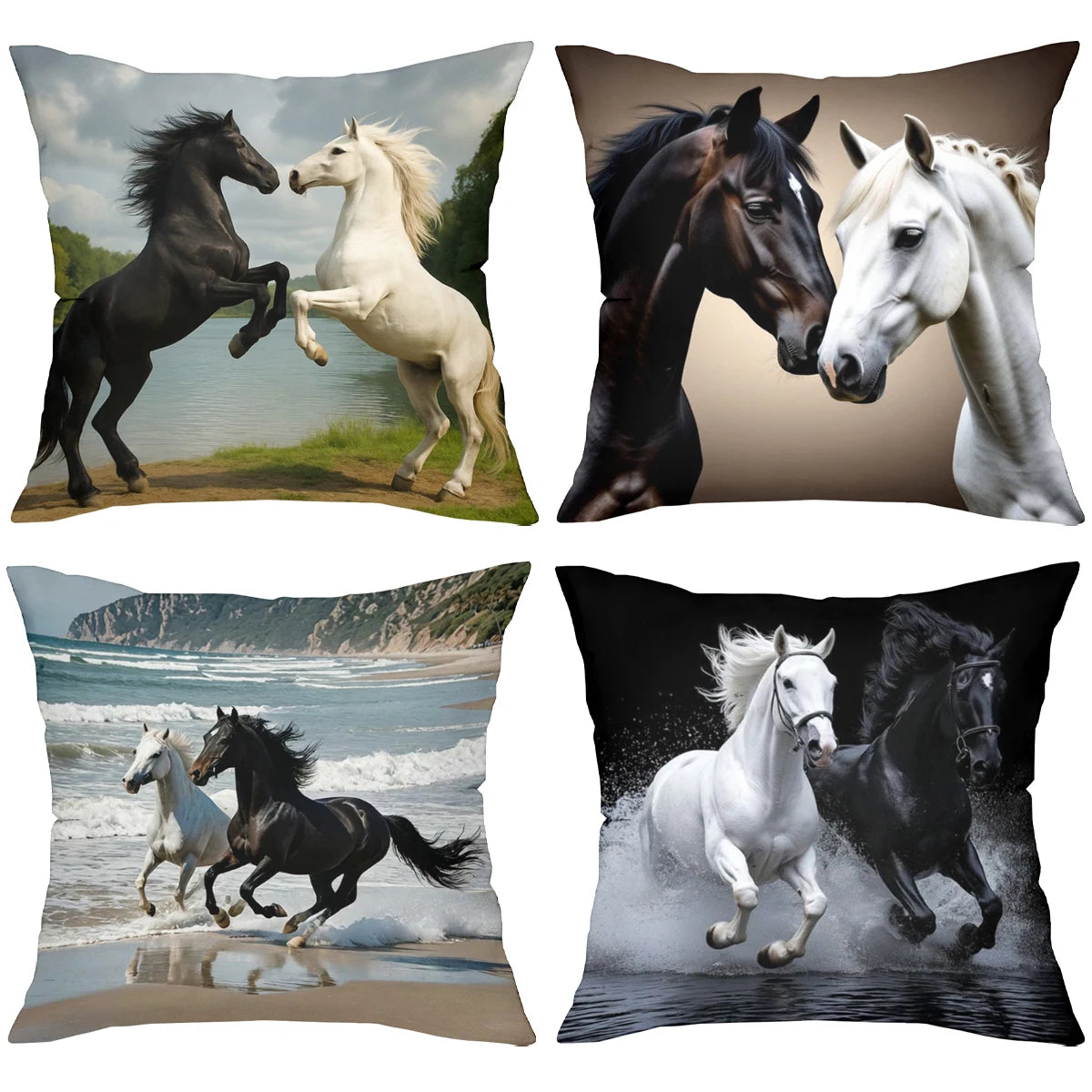 taies d'oreiller polyester motifs chevaux galopants moderne noires blanches 45x45cm sofa lit decoration chambre
