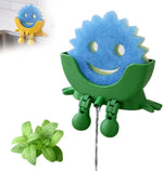 porte éponge cartoon souriant éponge dentelée ventouse évier couleur bleue jaune verte