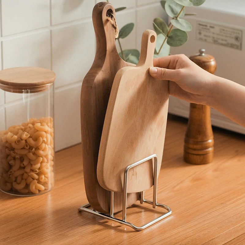 support planche découper acier inoxydable moderne couvercle verre texture bois organisateur cuisine rangement fixe
