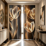 rideaux imprimés fleurs dorées fond noir contemporains élégants salon chambre coucher opaques polyester