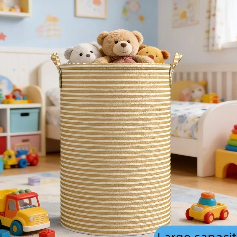 panier linge pliable moderne rayures dorées beiges poignées robustes anneaux métalliques rangement décoratif