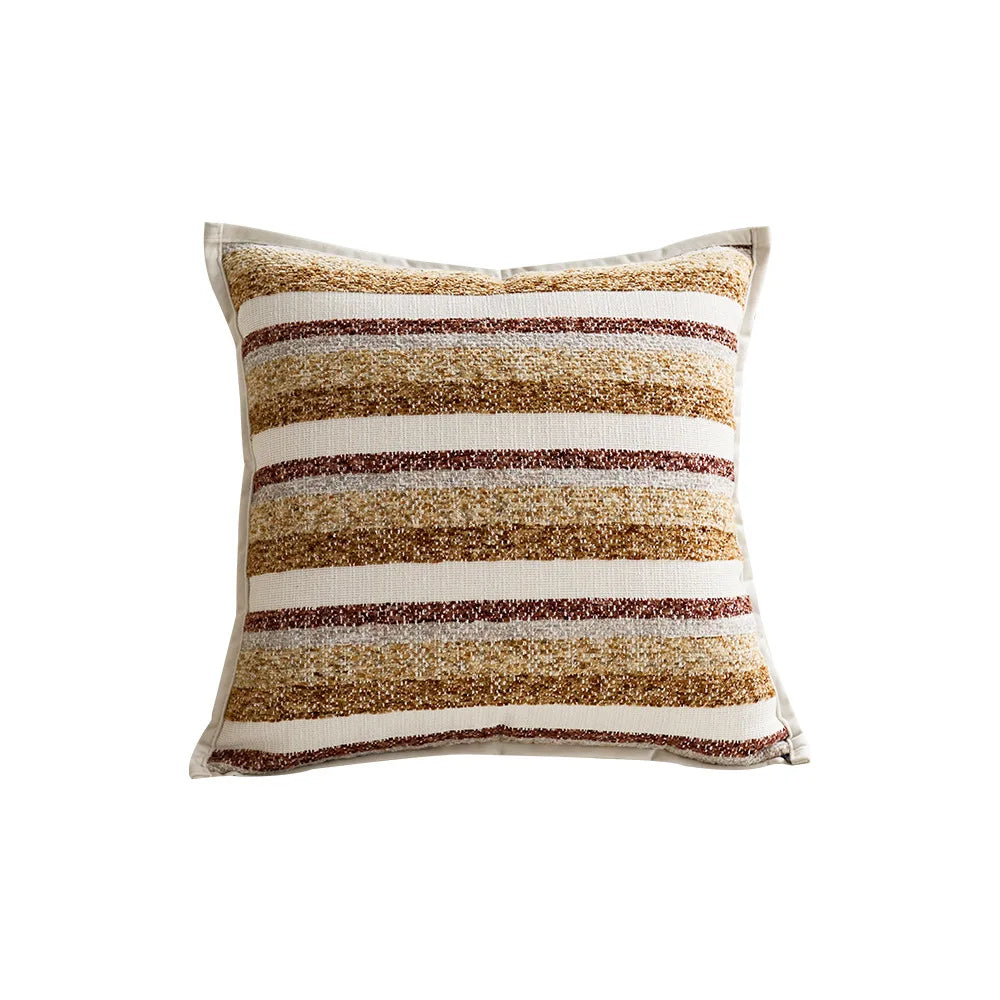 décoration intérieure coussin carré rayé moderne 100% polyester beige marron bleumarine blanc texture rugueuse