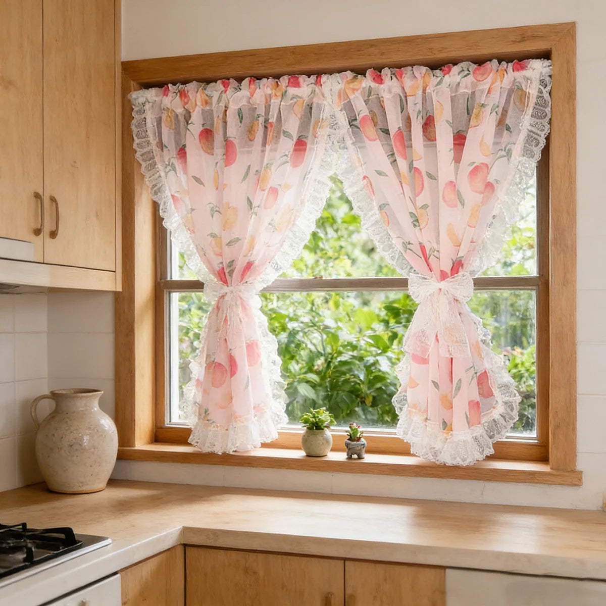 rideau imprimé fruits pêches dentelle vintage rose blanc maison fenêtre