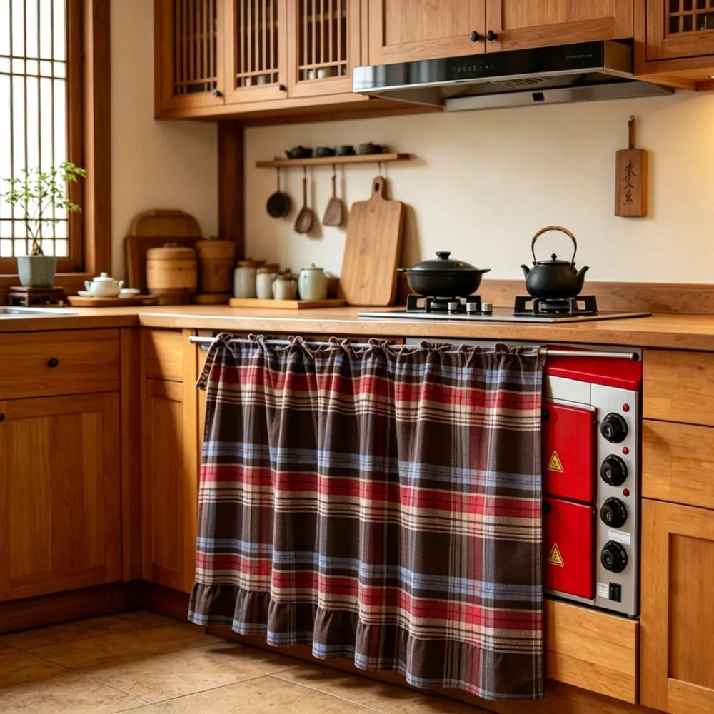 rideau cuisine carreaux coton classique ruban fixation blanc marron rouge bleu vert beige