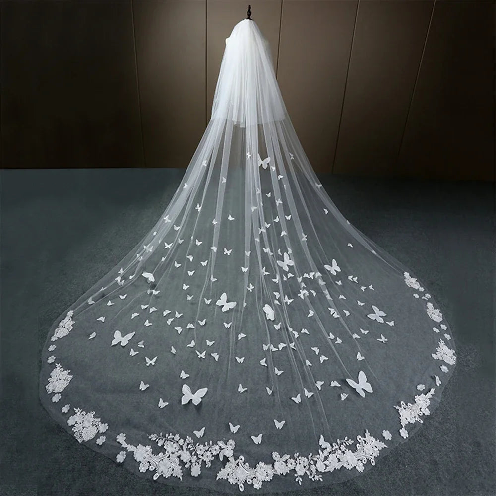 voile mariée blanc bord dentelle papillons blancs fleurs classique deux couches polyester invisible