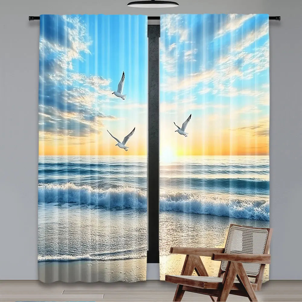 rideau moderne bleu blanc oiseaux volant paysage marin coucher soleil 100 polyester translucide pièces