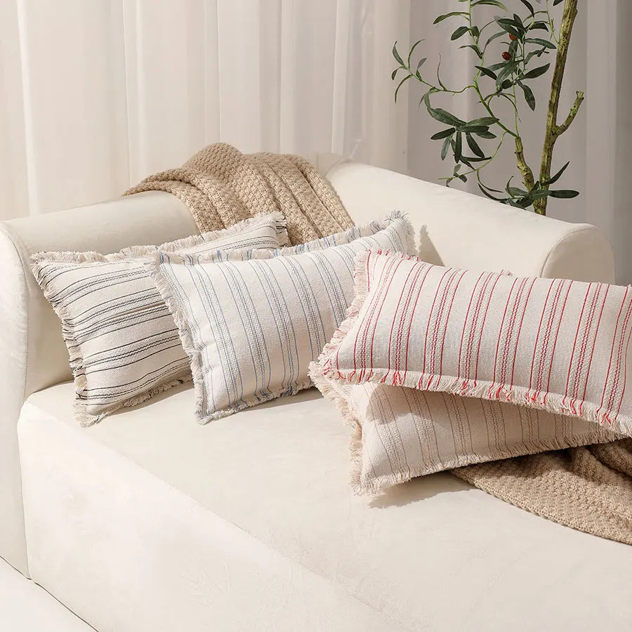 housse coussin boho chic rayé beige blanc rustique zipper 30x50cm