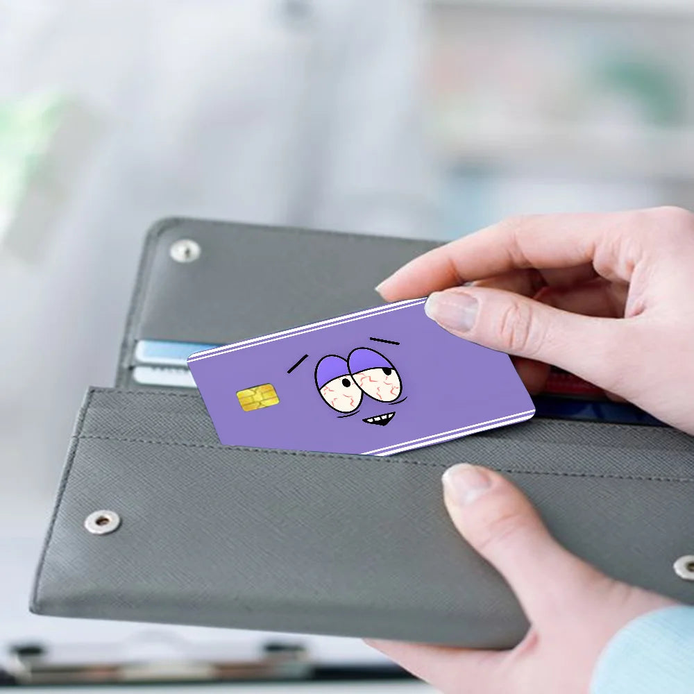 film autocollant carte bancaire violet dessin animé sourire réutilisable étanche