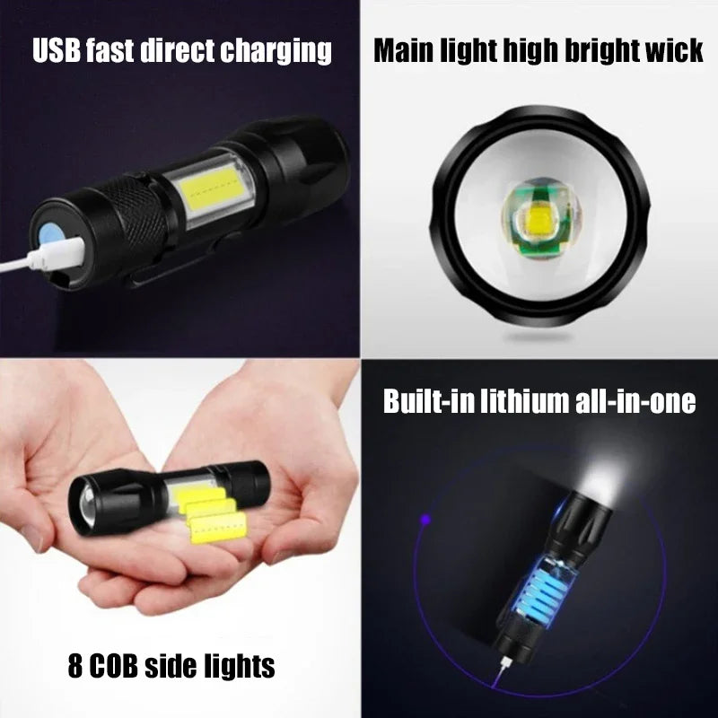 lampe torche rechargeable uv led noire 100m lumiere intense variateur clips moderne