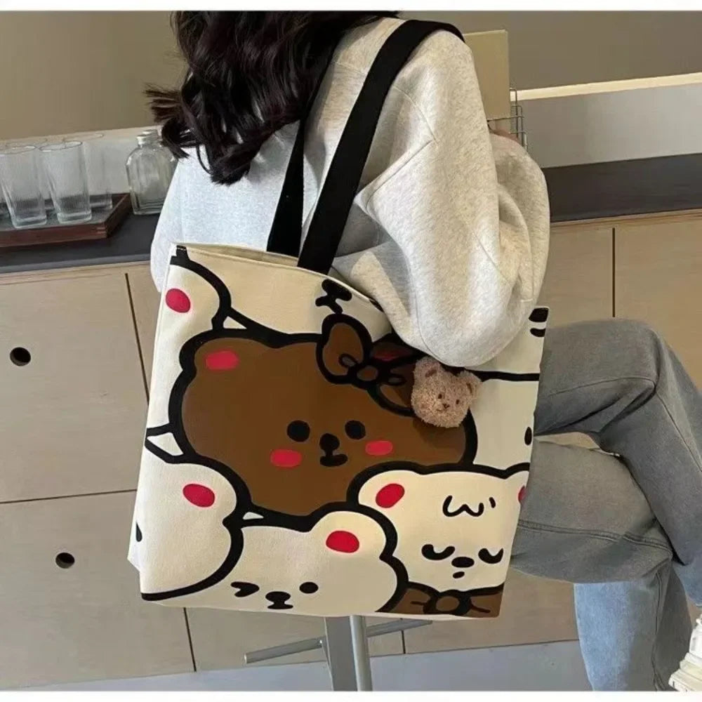 sac main toile ours mignons dessins modernes poignées détachables ours peluche beige