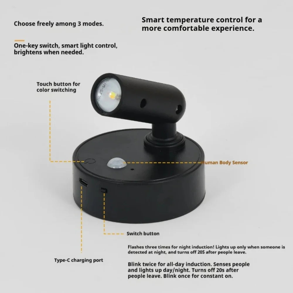 lampe murale led rechargeable détecteur mouvement blanc noir moderne bouton tactile changement couleur allumage