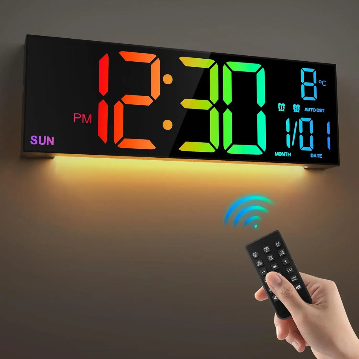 grande horloge murale digitale couleurs rvg télécommande alarme lumineuse moderne