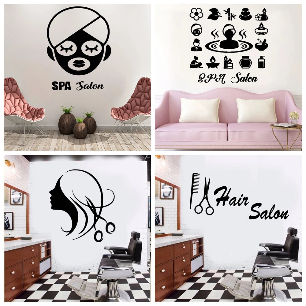 sticker mural moderne coiffure fleur textes salon cheveux symboles spa adhésif chambre salon