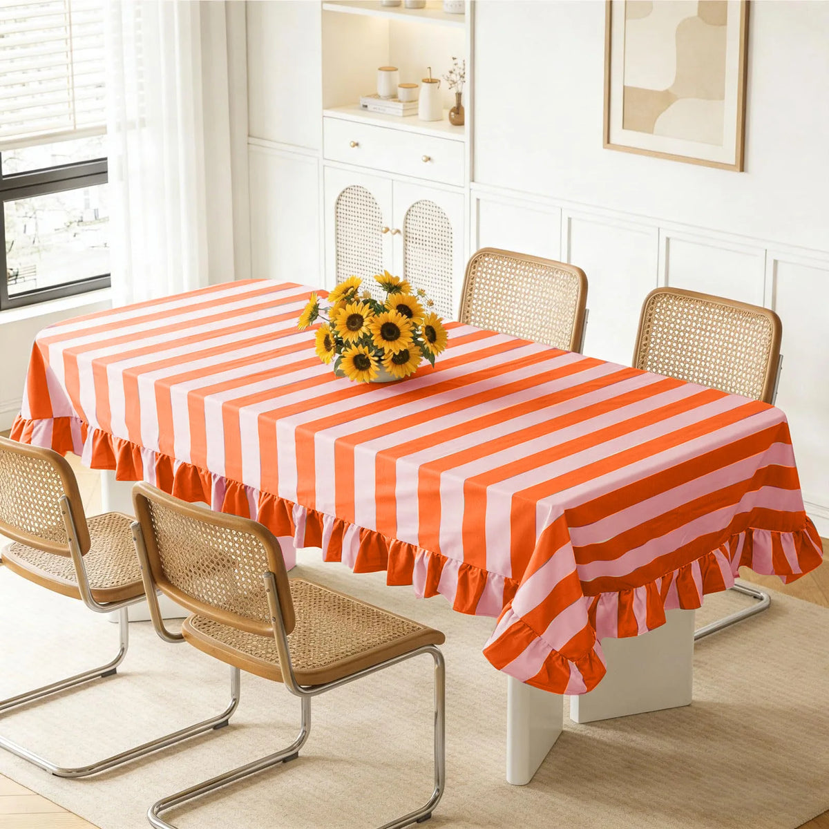 nappe rayée rouge rose moderne anti rayures volants table manger décoration maison festive polyester