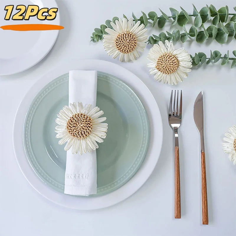 décorations table serviettes fleurs tournesols blanc crème marron rustique 12 pièces tressées naturelles