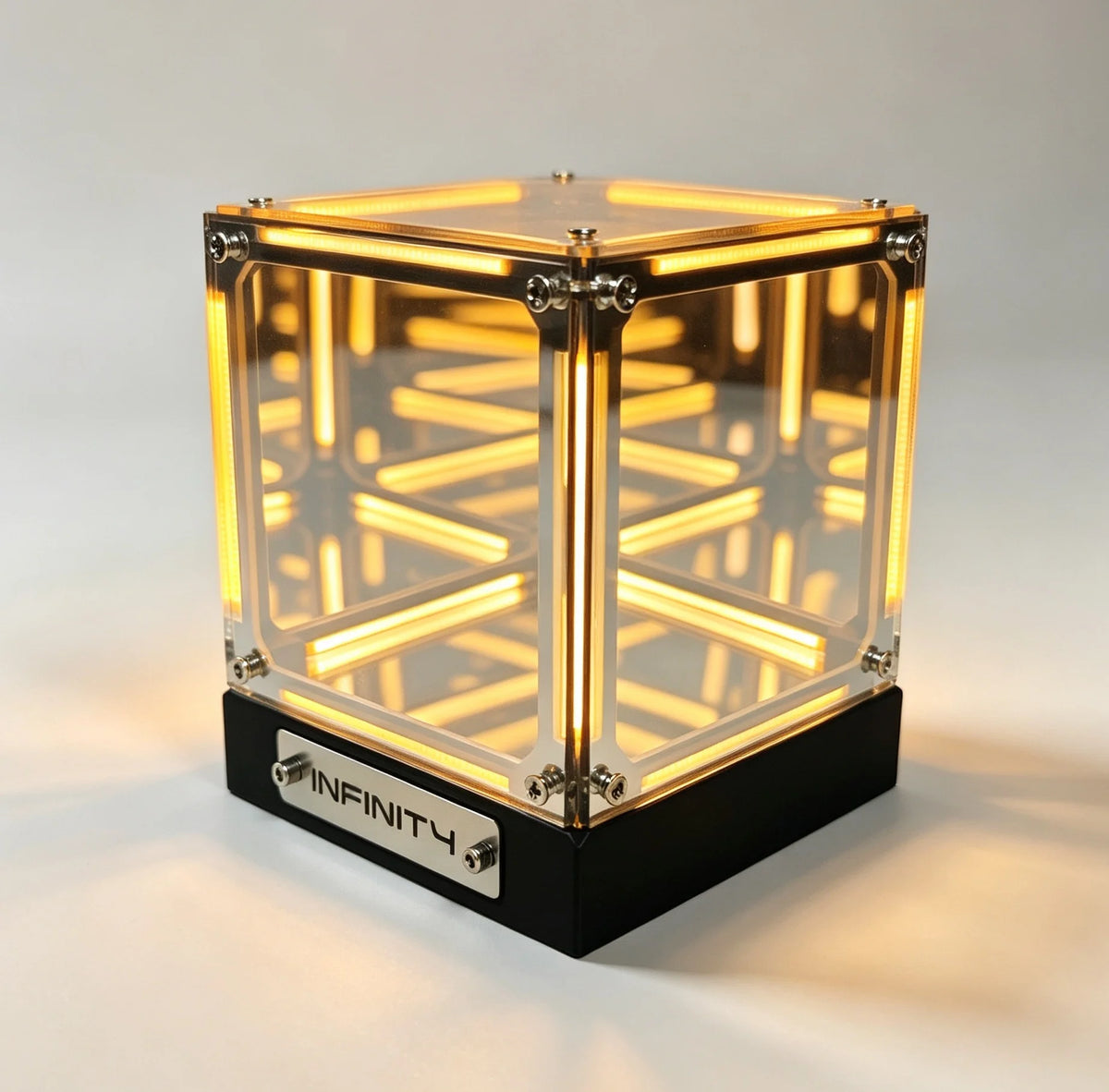 lampe table led transparente bleu clair structure geometrique contemporaine futuriste adhésif base noire infinity