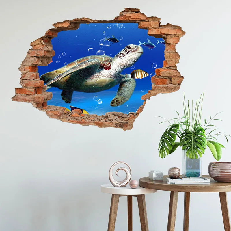sticker mural 3d scène naturelle illusion optique adhésif multicolore coucher soleil océan planètes enfants