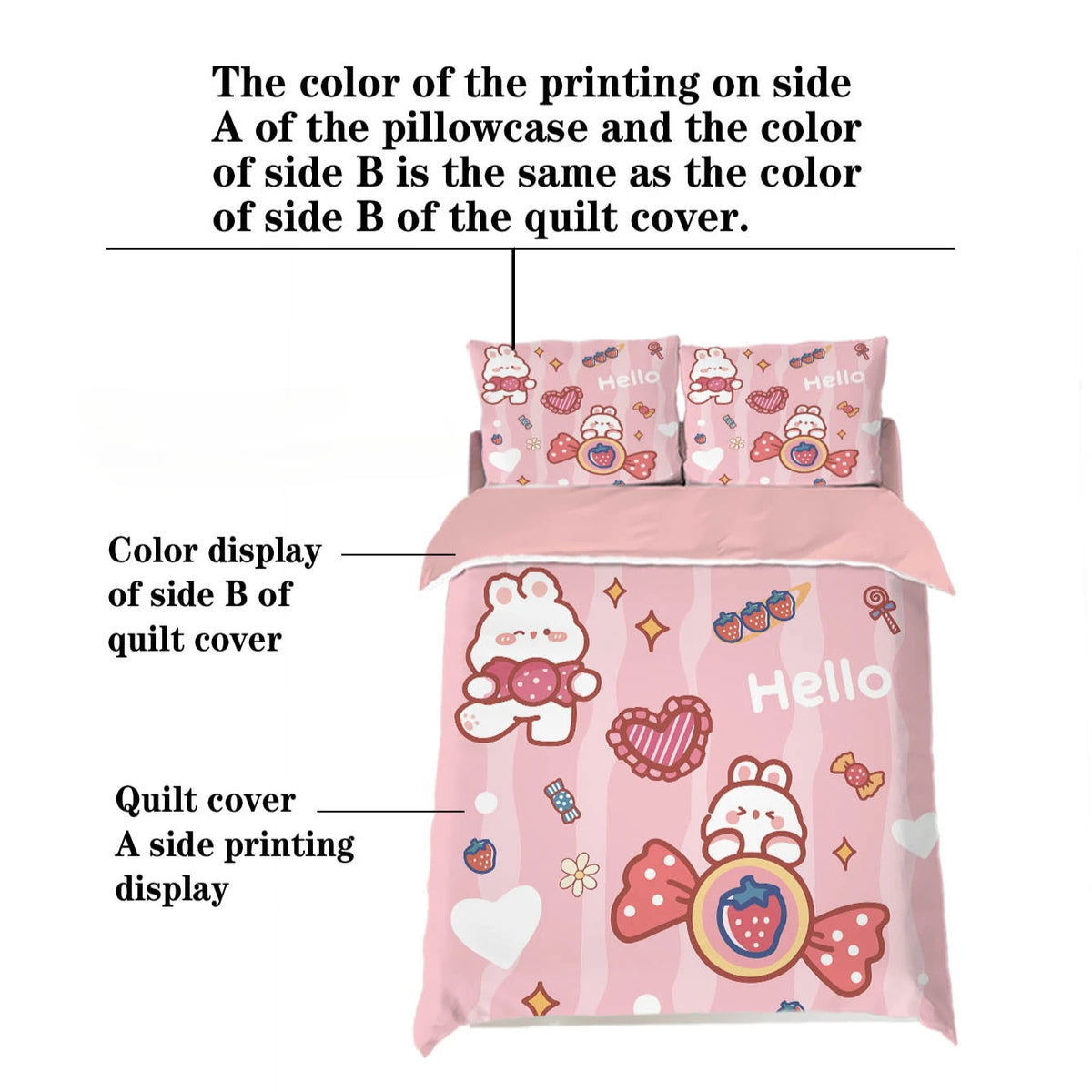 ensemble literie enfantin motif lapins fraises coeurs rose bleu hello so cute carotte