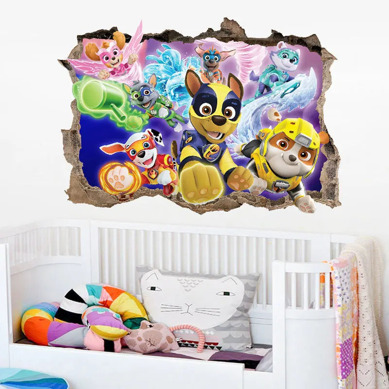 sticker mural 3d pat'patrouille multicolore enfants chambre salon décoration effets 3d adhésif chambre fête