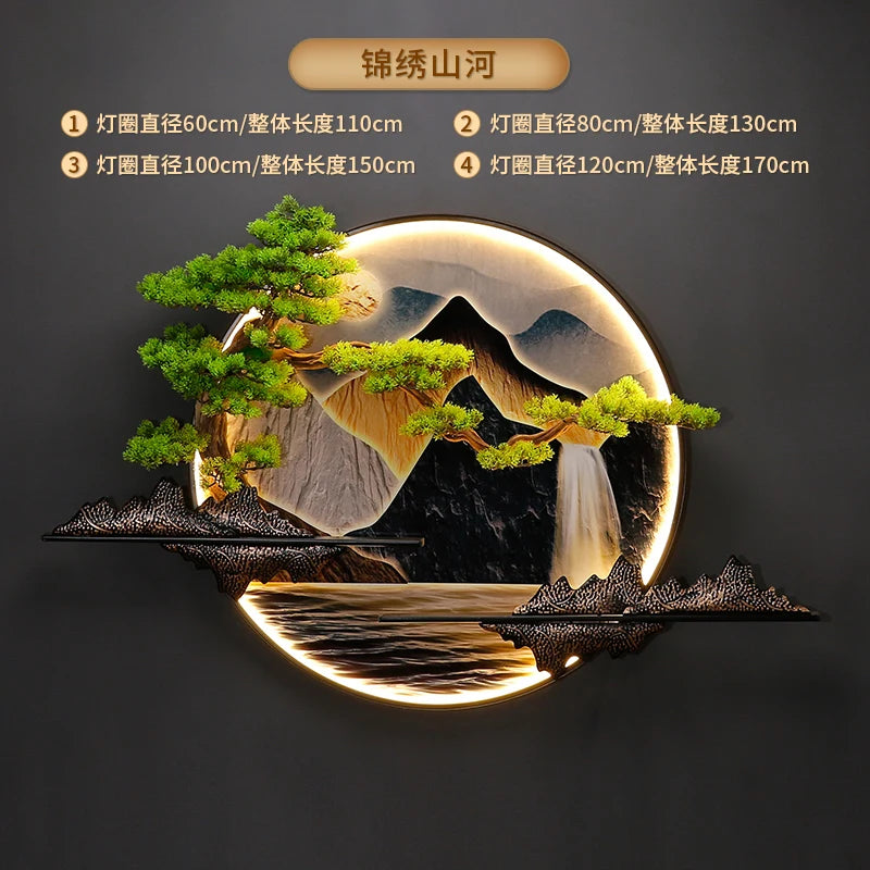 lampe murale décorative paysagère artisanale vert bleu beige doré montagnes arbres eau nuages