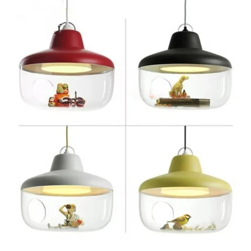 suspension lumineuse moderne transparente oiseau figurines robot vert gris noir rouge