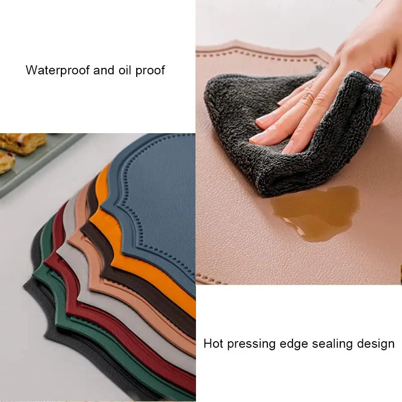 tapis table moderne bleu vert orange gris marron cuir bordure ornée respectueux environnement