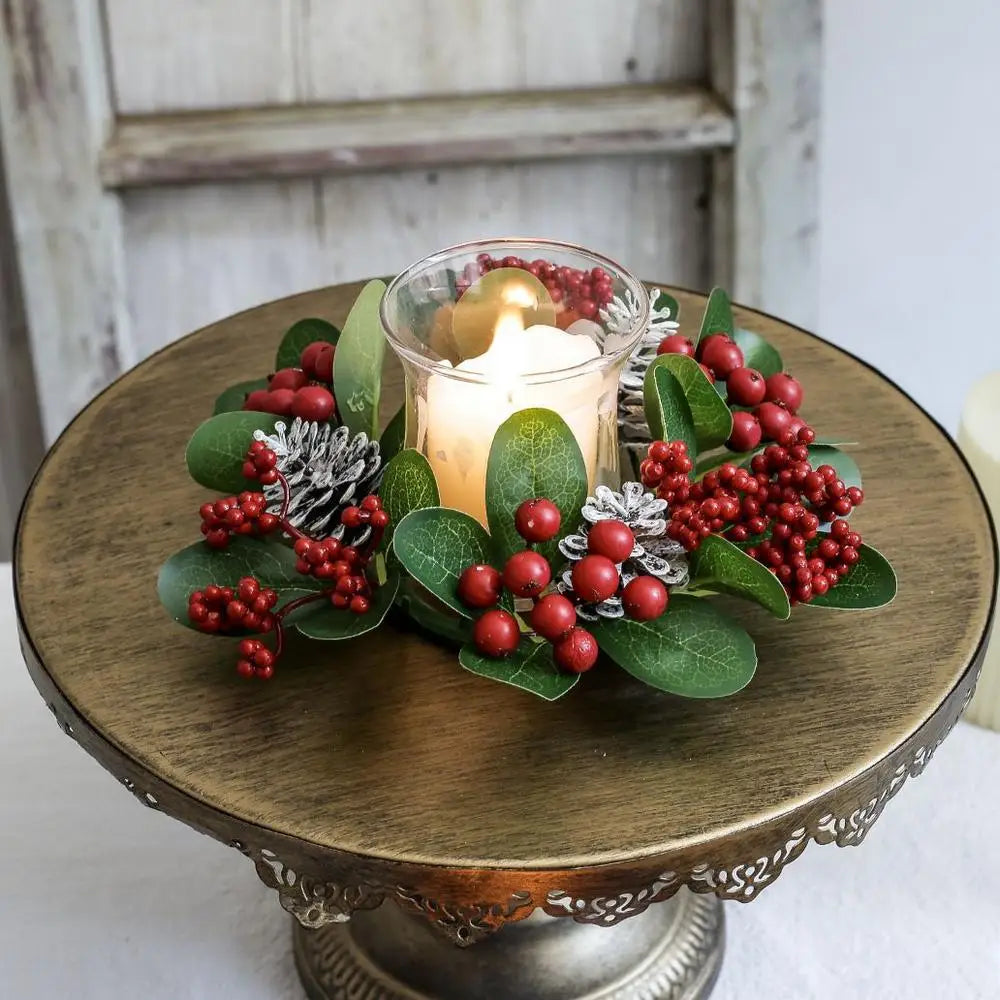 décoration intérieure bougeoir fleurs artificielles pommes pin rouge doré vintage rustique