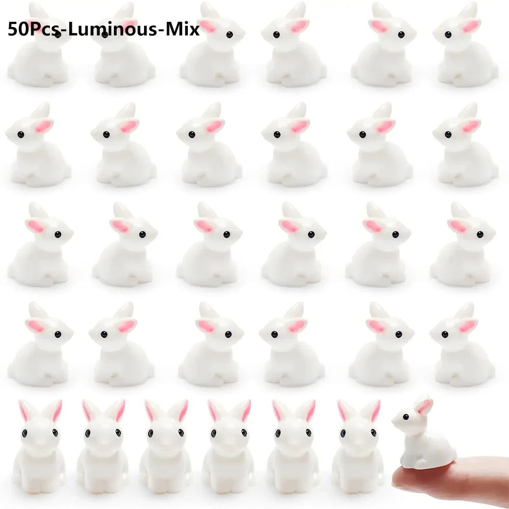 figurines lapins lumineuses miniatures opalescentes bleu vert jaune rose violet