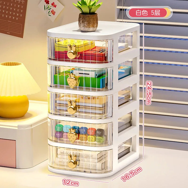 boîte rangement tiroirs transparentes poignées coeurs blanc rose beige