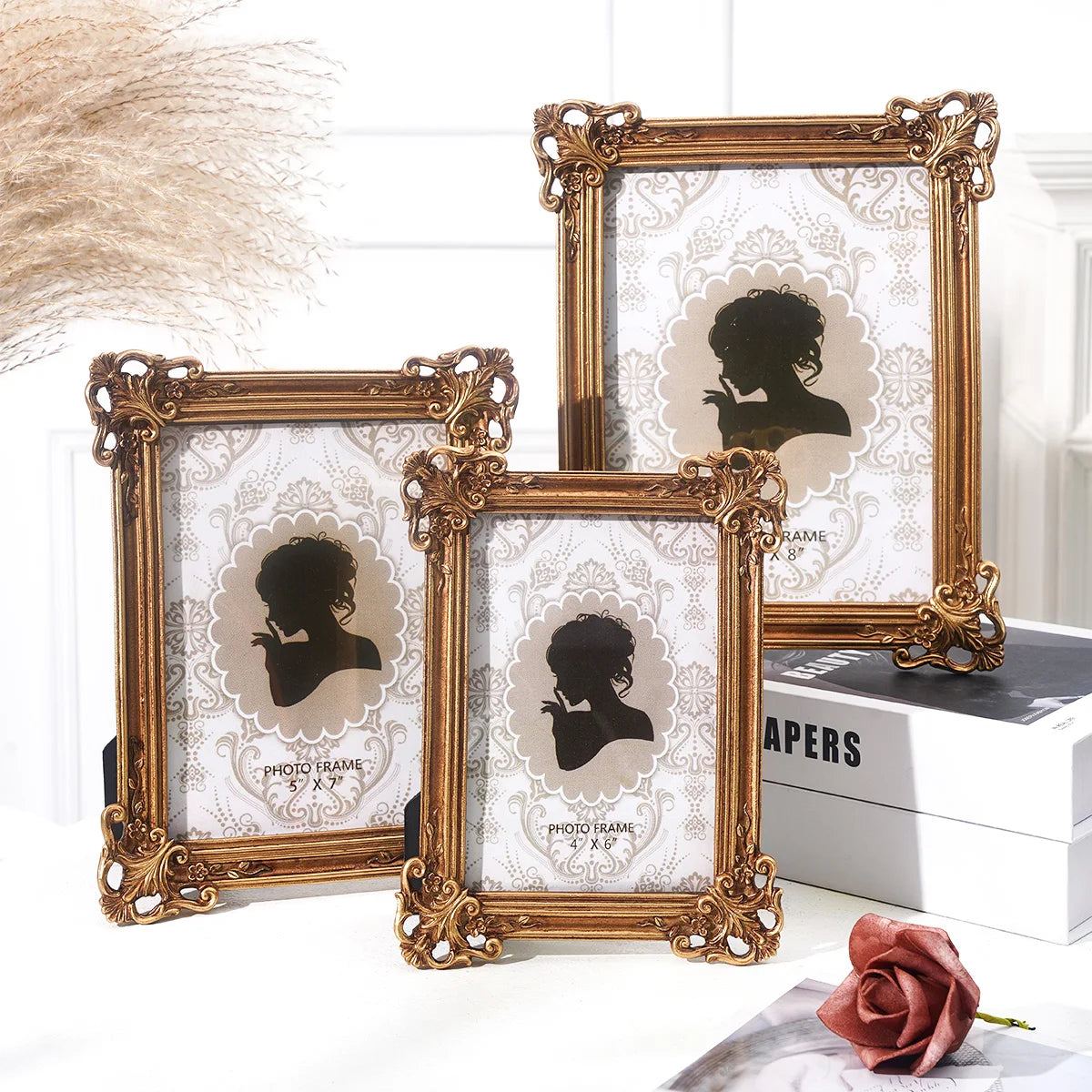 cadre photo or baroque ornements floraux classique moderne rectangle mural gravé
