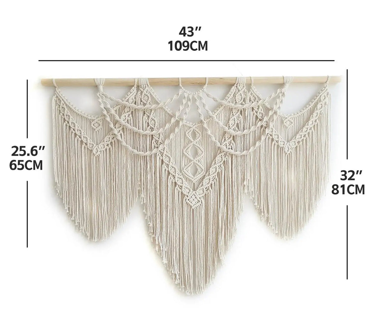 tapisserie macramé bohème franges géométriques beige clair mur décoration artisanal coton lavage main