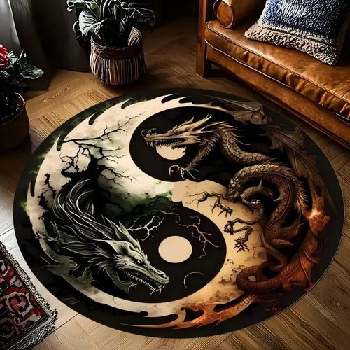 tapis rond yin yang dragons fleurs cerisier noir blanc contemporain oriental chambre salon 120x120cm