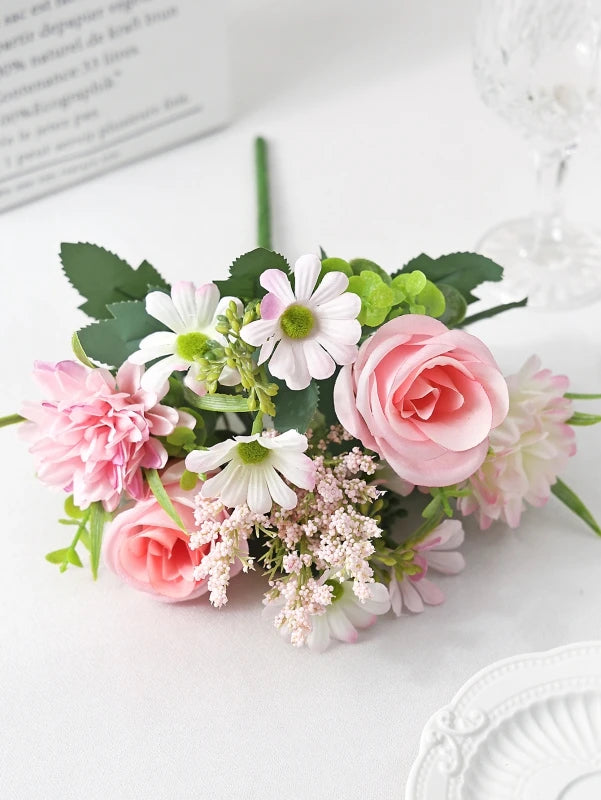Bouquet artificiel fleurs soie rose blanc bleu orange feuilles vertes décoration mariage anniversaireextérieur classique