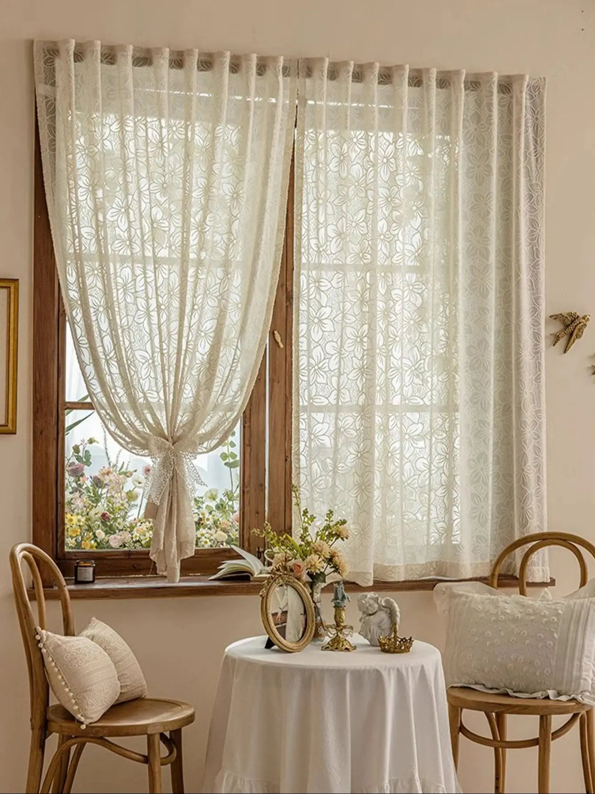 rideau moderne fleurs transparent beige clair décoration polyester extérieure fenêtre plate