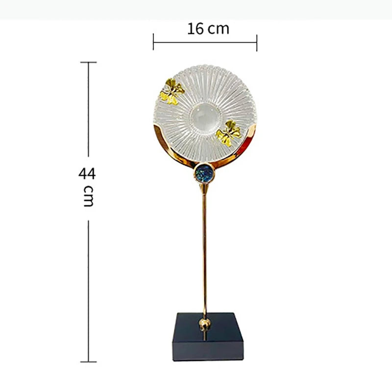 Bougeoir moderne transparent doré papillons bleu rayures base carrée noire tige dorée