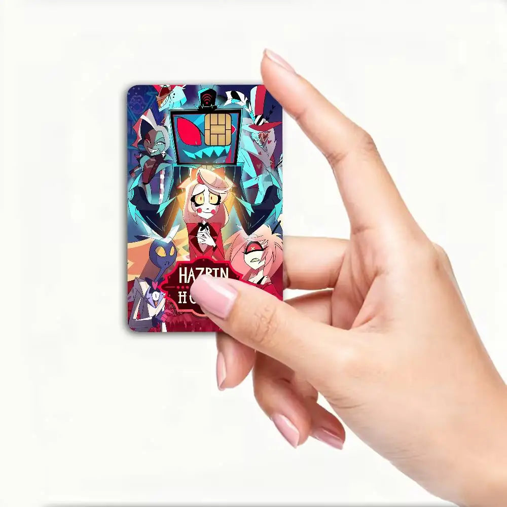 autocollant carte bancaire hazbin personnages dessin animé bleu violet rouge pop art