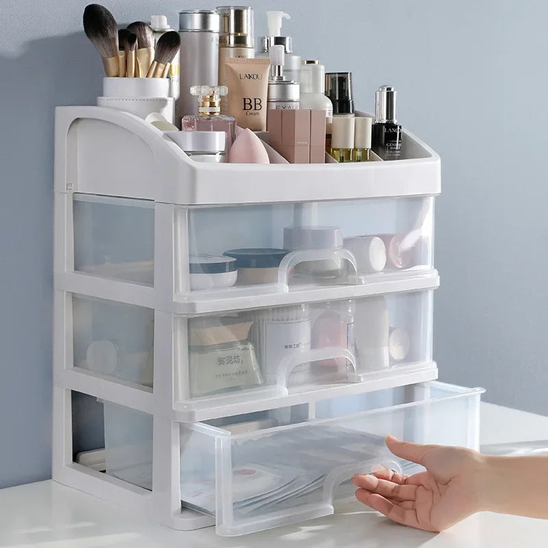 organisateur rangement cosmétiques blanc tiroirs transparents modernes compartments poignées grilles