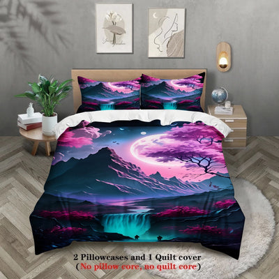Housse de couette montagne aux fleurs de cerisier violettes sur un lit