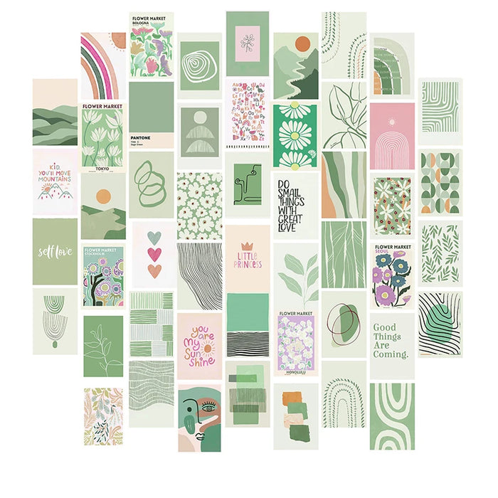 Kit de collage mural vert sauge 50 pièces sur mur blanc